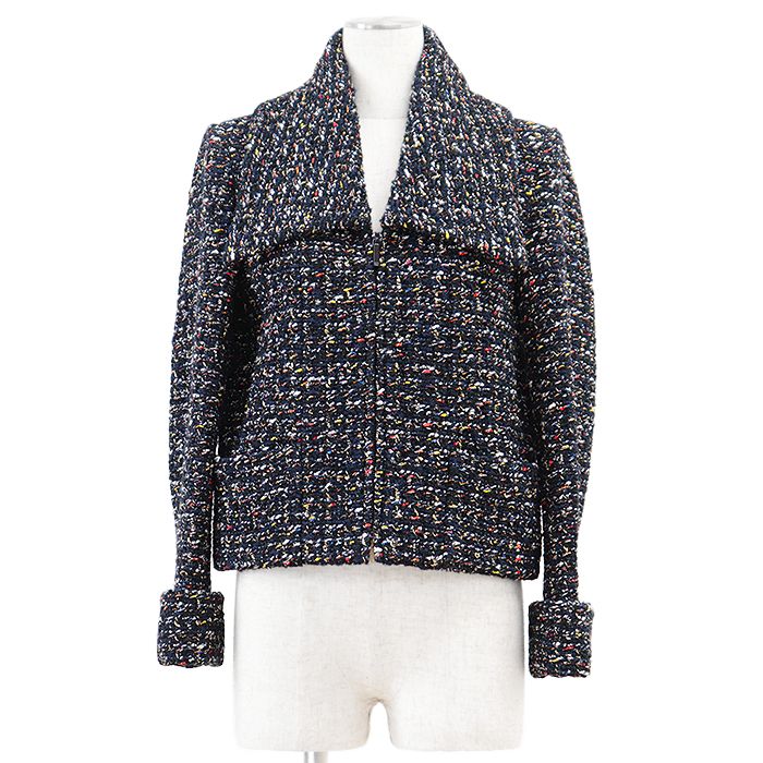 CHANEL Zip-Up Jacket P52665 Fantasy Tweed Camellia Buttons Short Length Navy Multicolor Size 40 Made in France Karl Lagerfeld Era