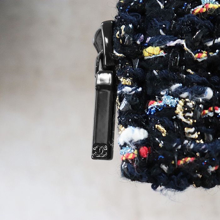 CHANEL Zip-Up Jacket P52665 Fantasy Tweed Camellia Buttons Short Length Navy Multicolor Size 40 Made in France Karl Lagerfeld Era