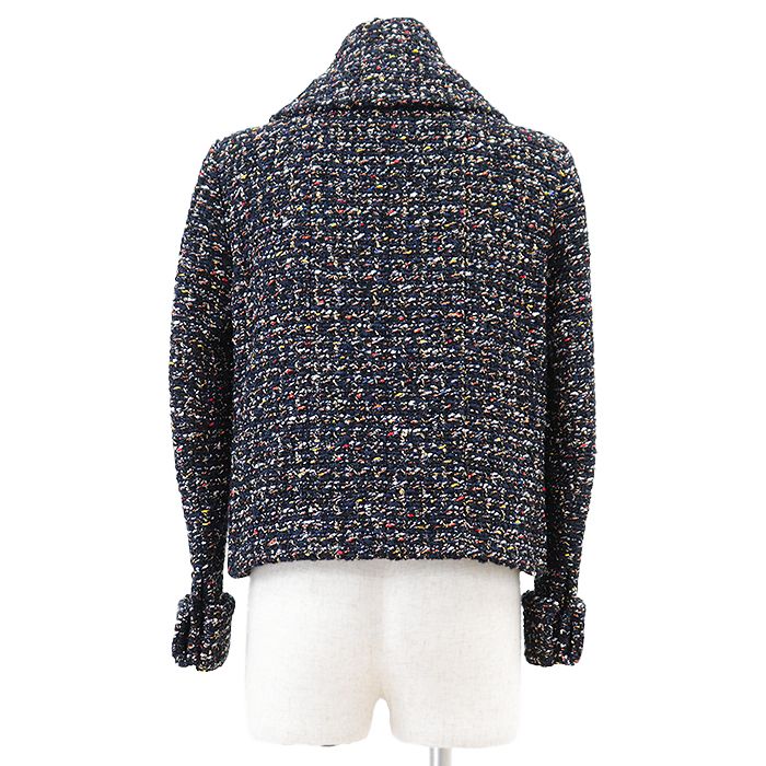 CHANEL Zip-Up Jacket P52665 Fantasy Tweed Camellia Buttons Short Length Navy Multicolor Size 40 Made in France Karl Lagerfeld Era