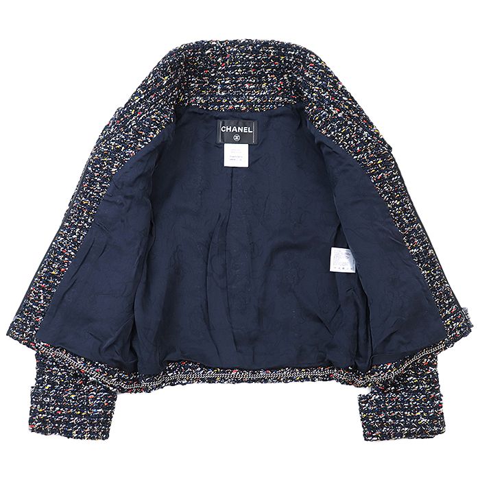 CHANEL Zip-Up Jacket P52665 Fantasy Tweed Camellia Buttons Short Length Navy Multicolor Size 40 Made in France Karl Lagerfeld Era