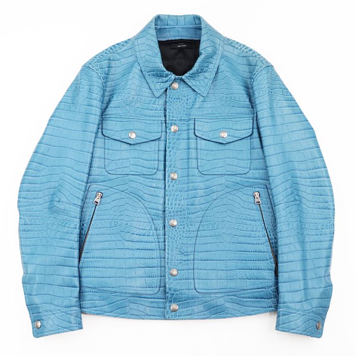 TOM FORD Crocodile Embossed Calf Leather Tracker Blouson Jacket Turquoise Blue Size 46