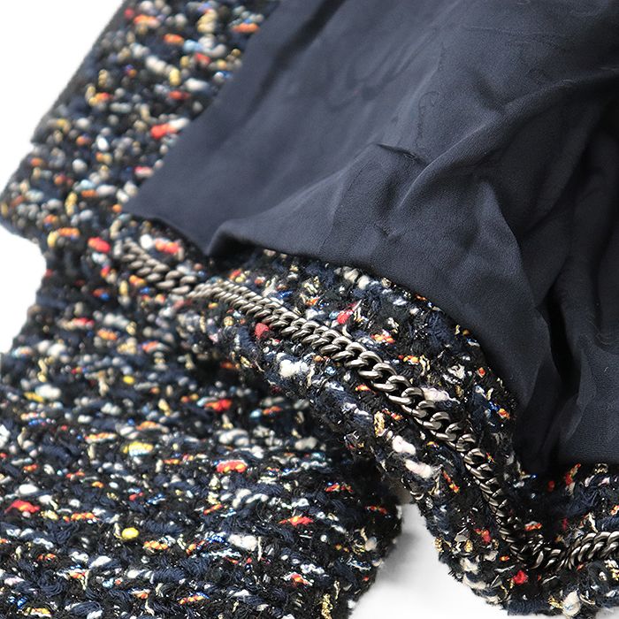 CHANEL Zip-Up Jacket P52665 Fantasy Tweed Camellia Buttons Short Length Navy Multicolor Size 40 Made in France Karl Lagerfeld Era