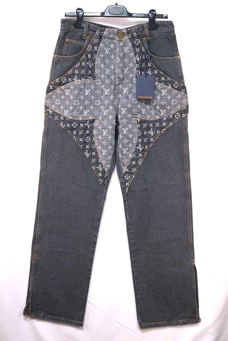 LOUIS VUITTON 23AW Monogram Flower Patchwork Denim Pants Grey Size 31