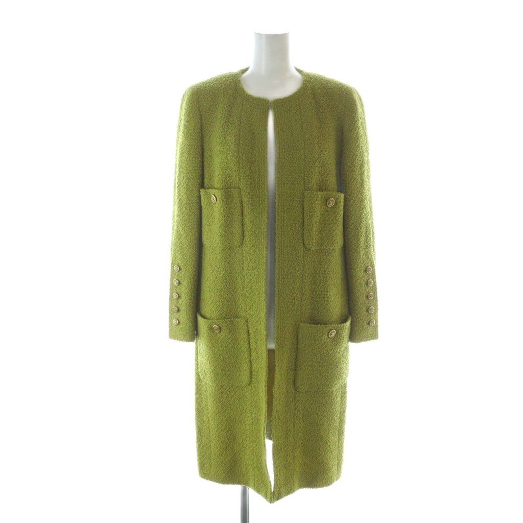 CHANEL Long Coat No-Collar Gold Logo Buttons COCO Mark Shoulder Pads Size 38 (M)