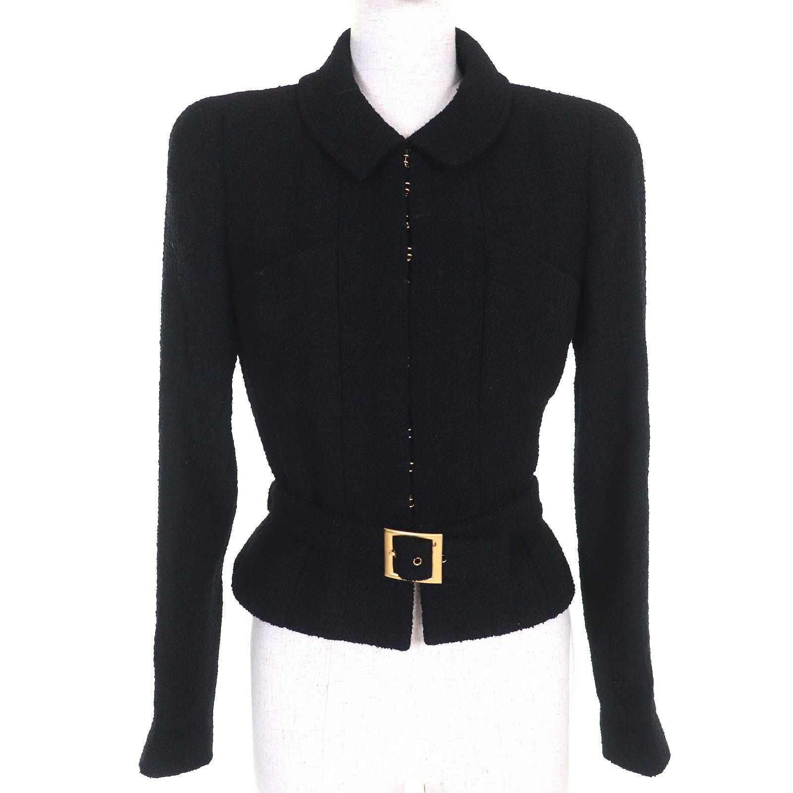 CHANEL Vintage 96A Jacket P08101 COCO Mark Buttons Belted Wool Tweed Short Black Size 36