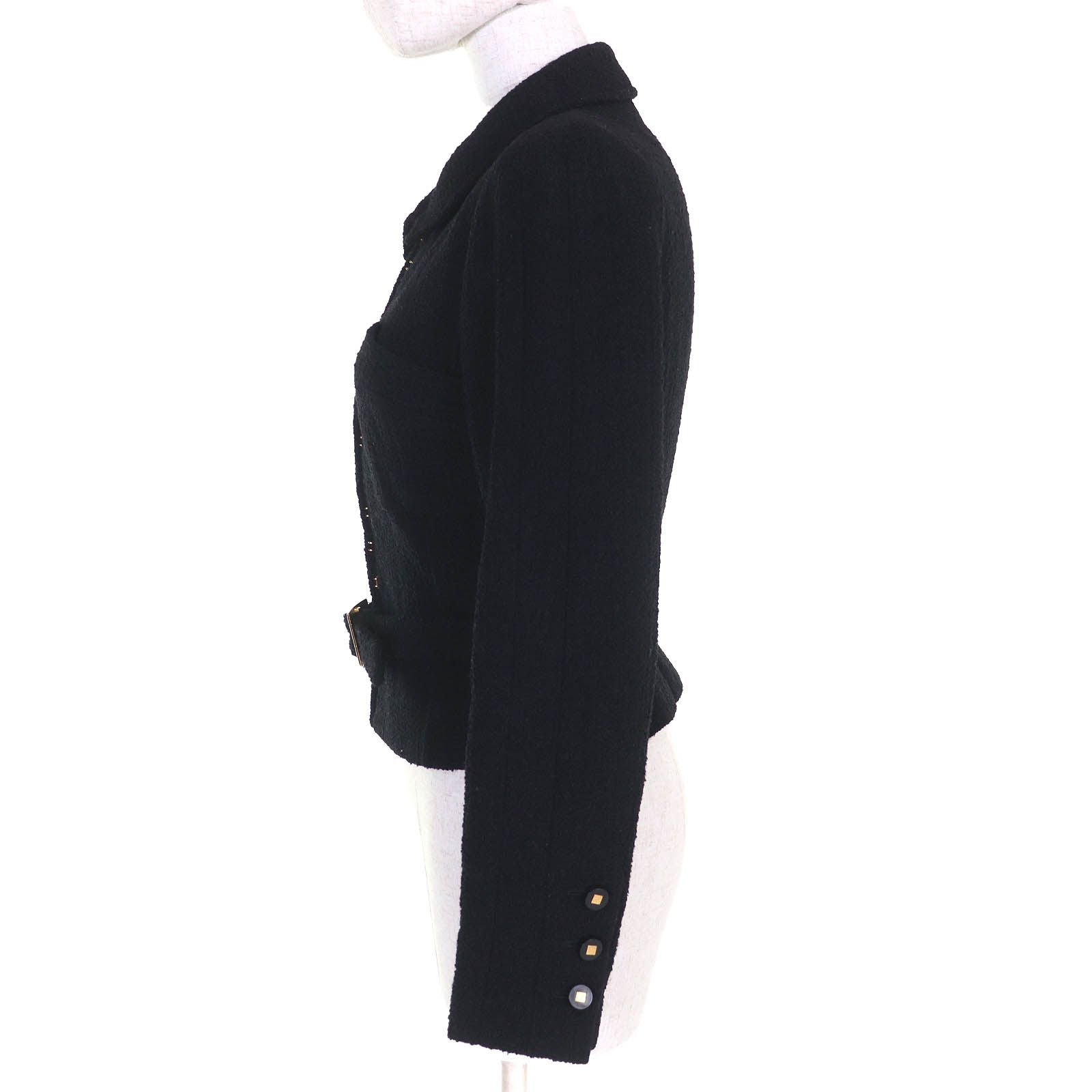 CHANEL Vintage 96A Jacket P08101 COCO Mark Buttons Belted Wool Tweed Short Black Size 36