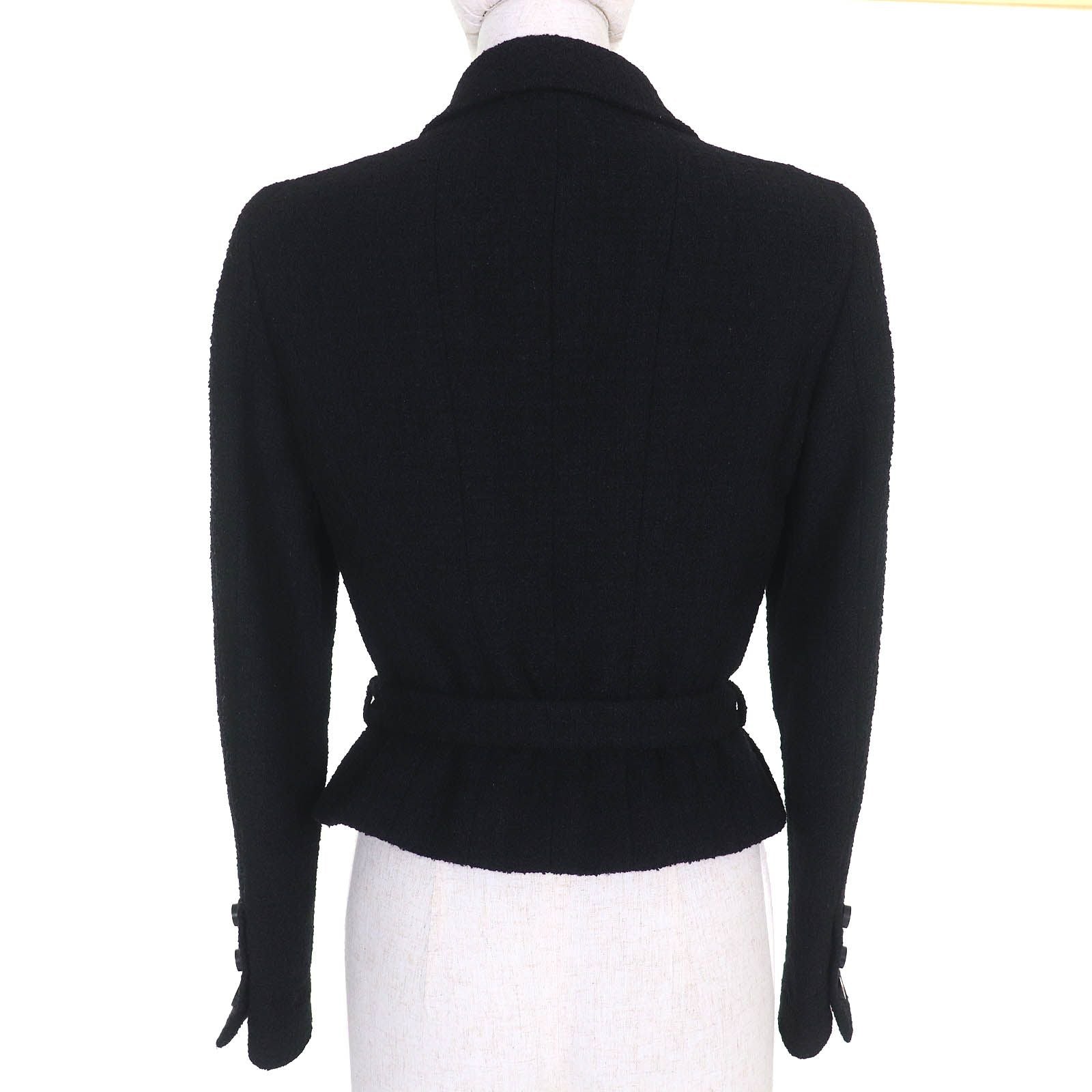 CHANEL Vintage 96A Jacket P08101 COCO Mark Buttons Belted Wool Tweed Short Black Size 36
