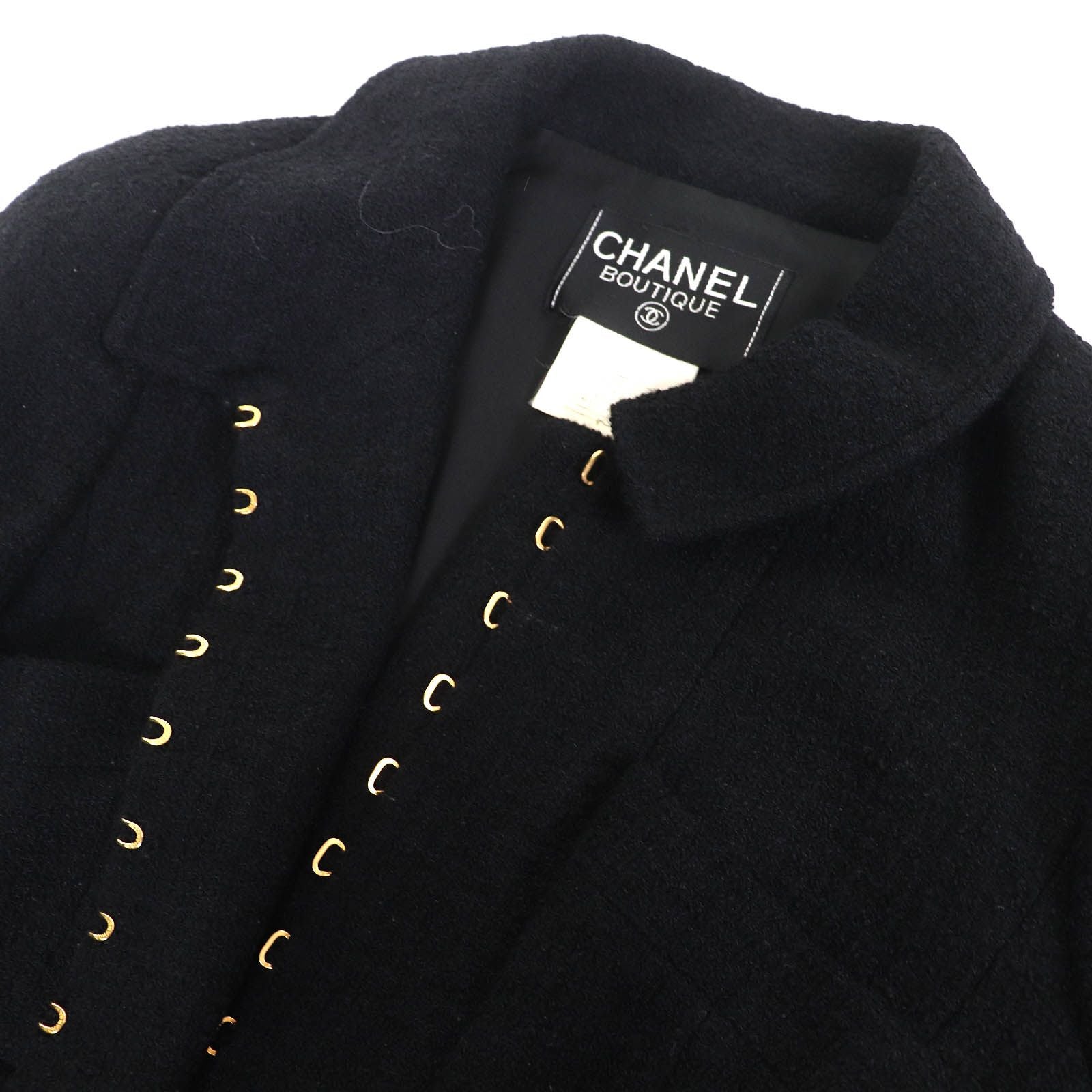 CHANEL Vintage 96A Jacket P08101 COCO Mark Buttons Belted Wool Tweed Short Black Size 36