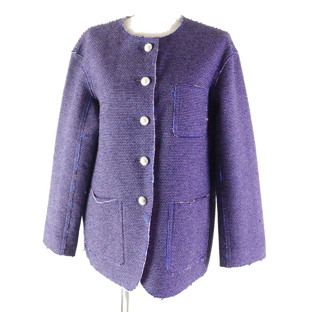 CHANEL P45867 F Pearl CC Button Cut-Off Collarless Metallic Tweed Jacket Blue Pink Size 40