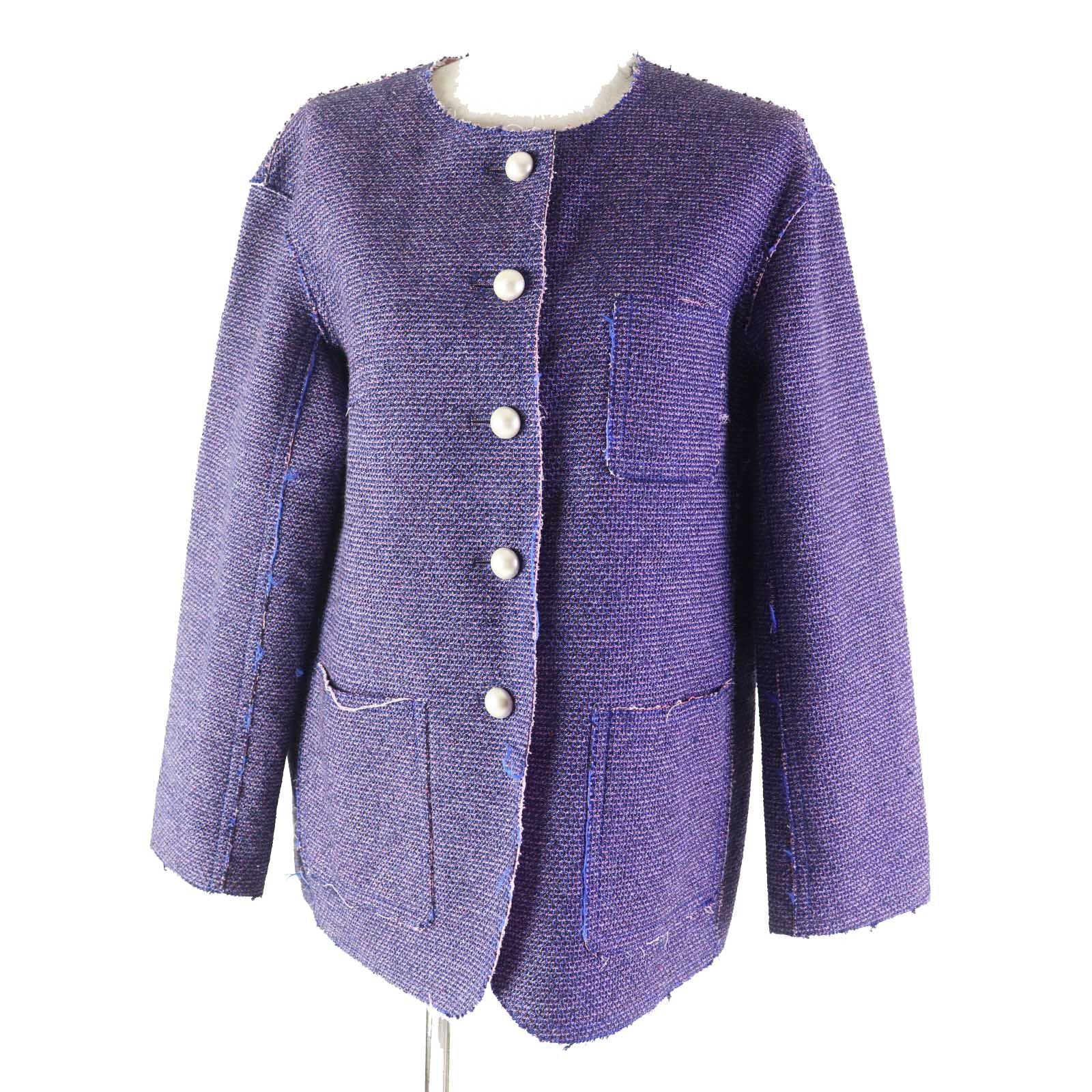 CHANEL P45867 F Pearl CC Button Cut-Off Collarless Metallic Tweed Jacket Blue Pink Size 40