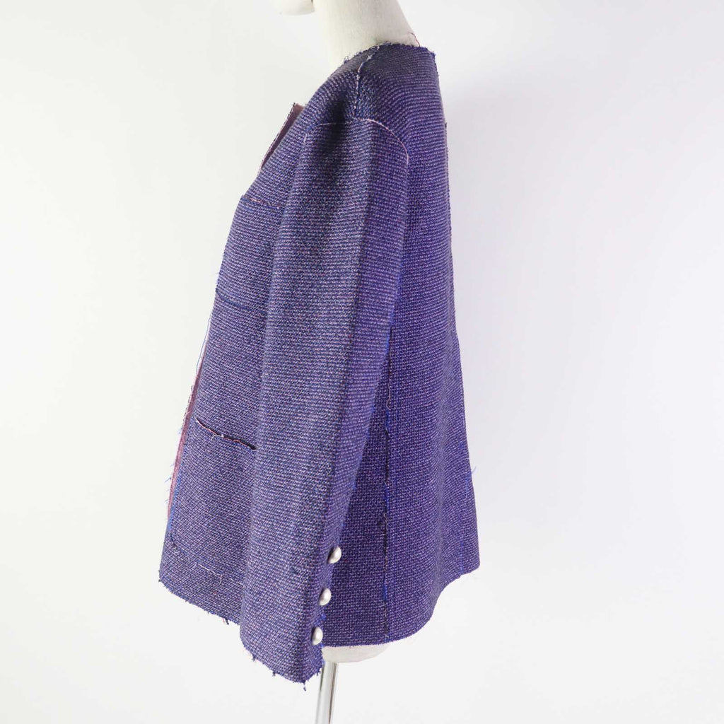 CHANEL P45867 F Pearl CC Button Cut-Off Collarless Metallic Tweed Jacket Blue Pink Size 40