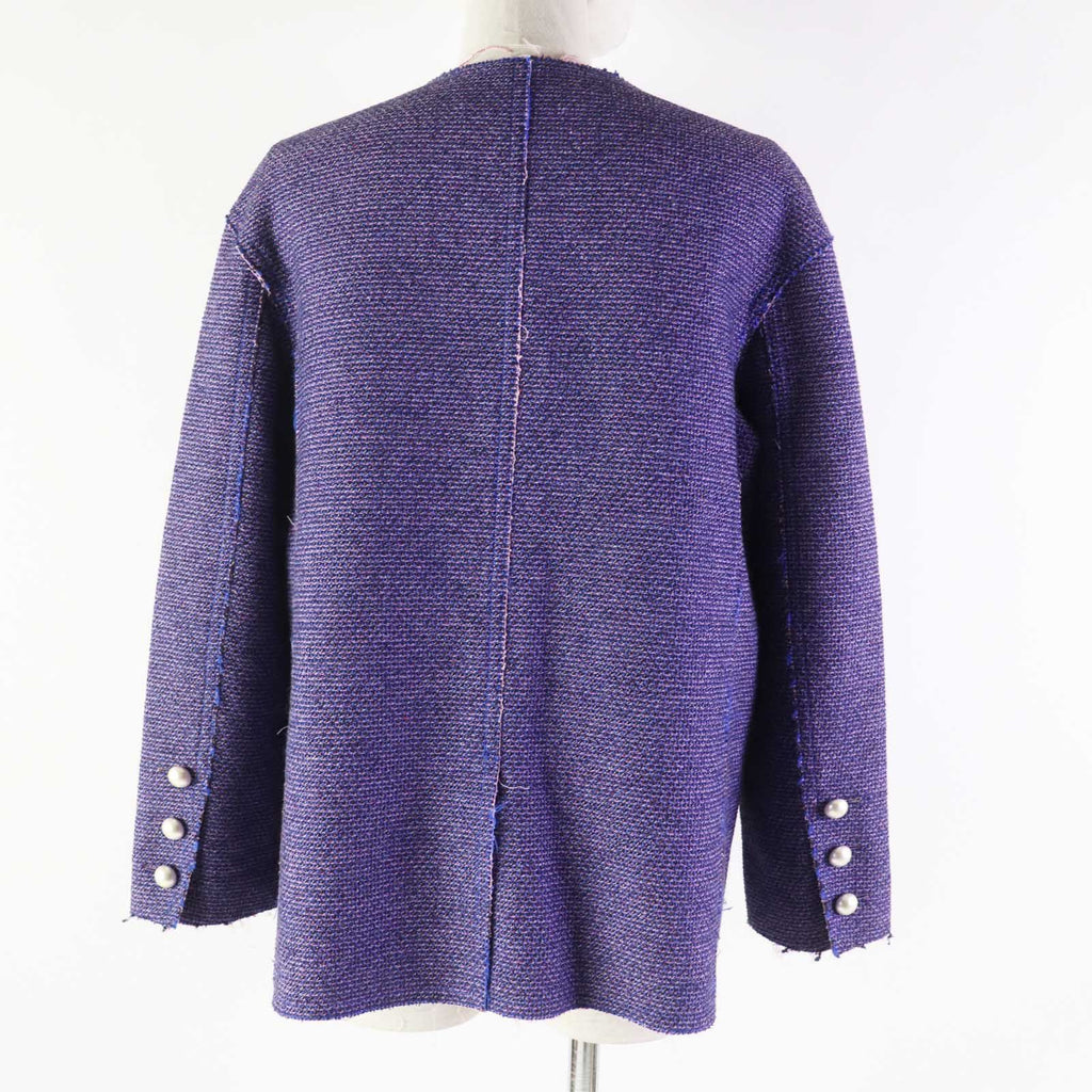 CHANEL P45867 F Pearl CC Button Cut-Off Collarless Metallic Tweed Jacket Blue Pink Size 40