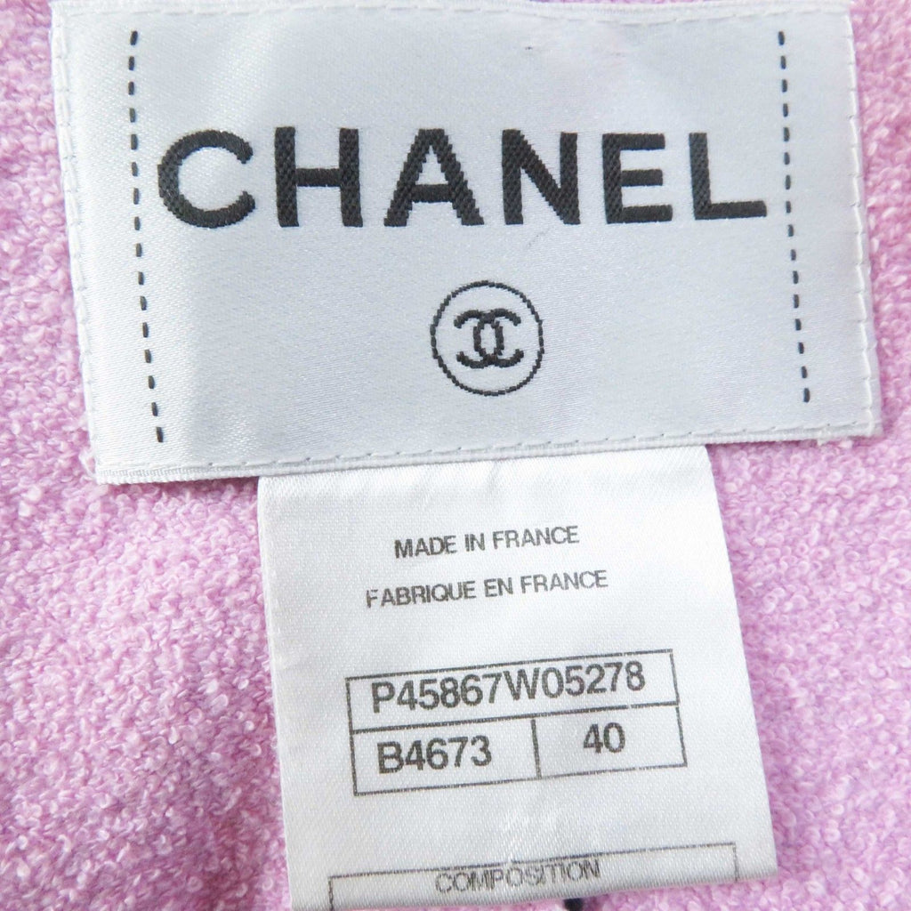 CHANEL P45867 F Pearl CC Button Cut-Off Collarless Metallic Tweed Jacket Blue Pink Size 40