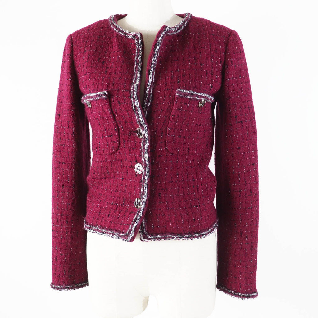 CHANEL 22A P73183 CC Button Collarless Tweed Jacket Burgundy Black White Size 34