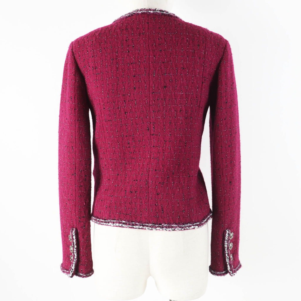 CHANEL 22A P73183 CC Button Collarless Tweed Jacket Burgundy Black White Size 34