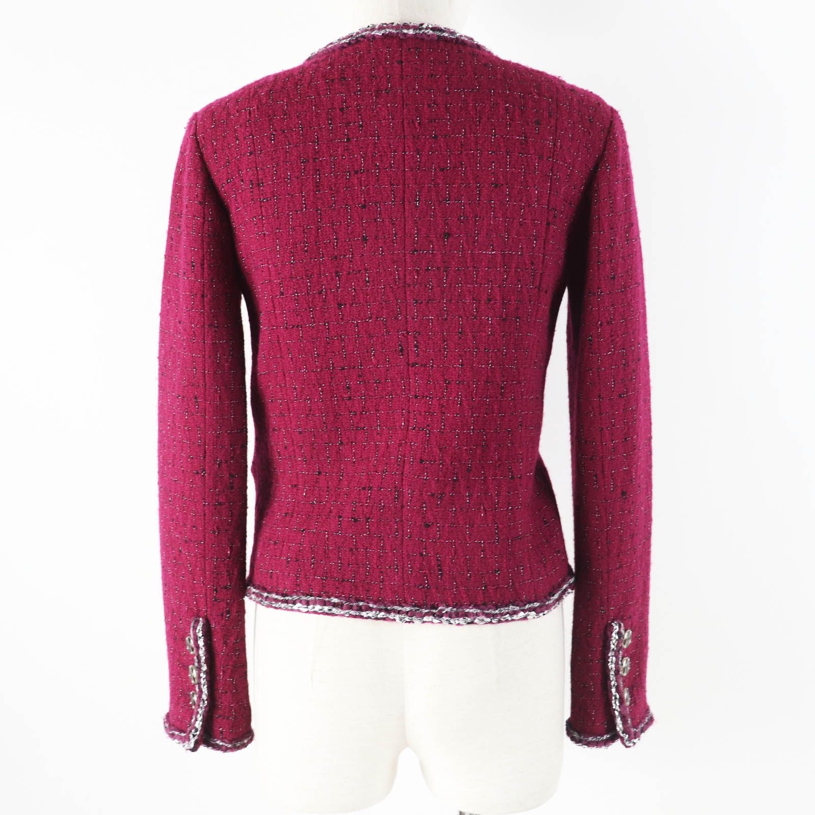 CHANEL 22A P73183 CC Button Collarless Tweed Jacket Burgundy Black White Size 34
