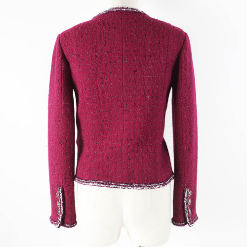 CHANEL 22A P73183 CC Button Collarless Tweed Jacket Burgundy Black White Size 34