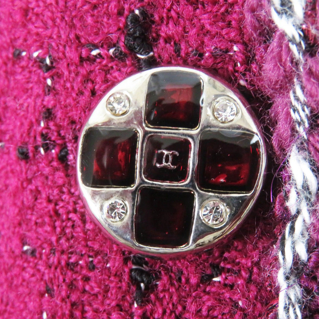 CHANEL 22A P73183 CC Button Collarless Tweed Jacket Burgundy Black White Size 34