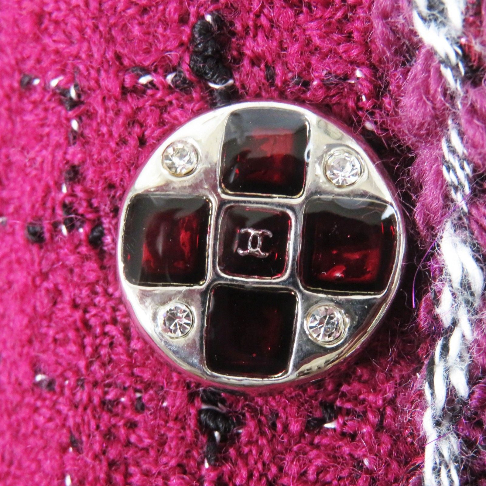 CHANEL 22A P73183 CC Button Collarless Tweed Jacket Burgundy Black White Size 34
