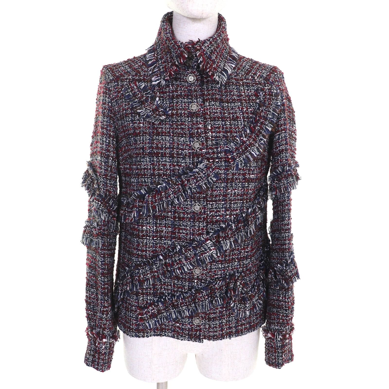 CHANEL P49469 Dallas CC Button Mohair Alpaca Mix Tweed Jacket Red Navy Black White Size 34