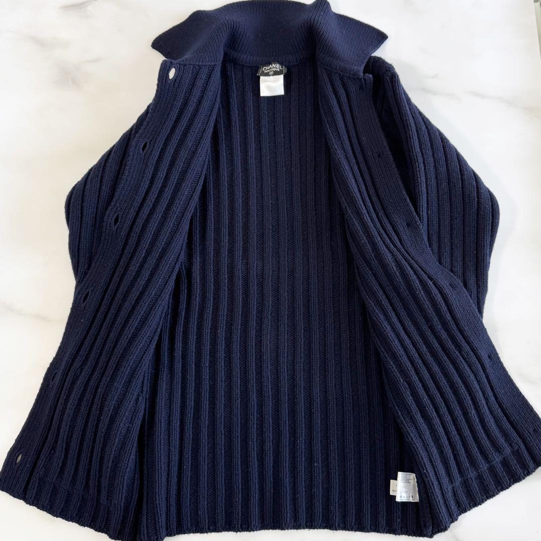 CHANEL Wool Knit Long Coat Navy Size 38
