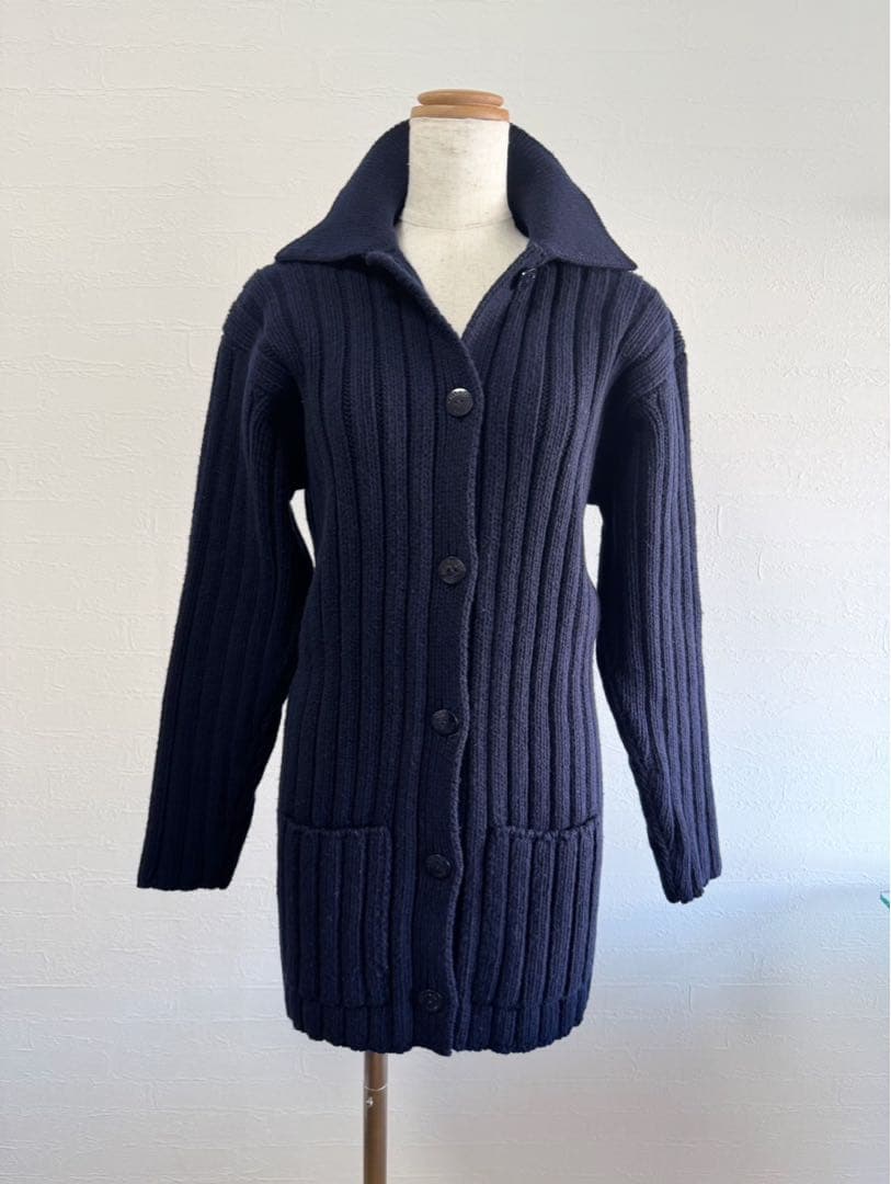 CHANEL Wool Knit Long Coat Navy Size 38
