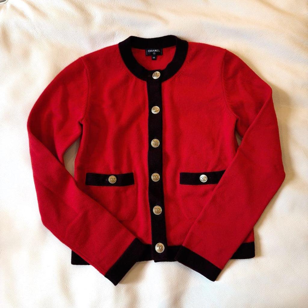 CHANEL 100% Cashmere Bicolour Knit Cardigan Red