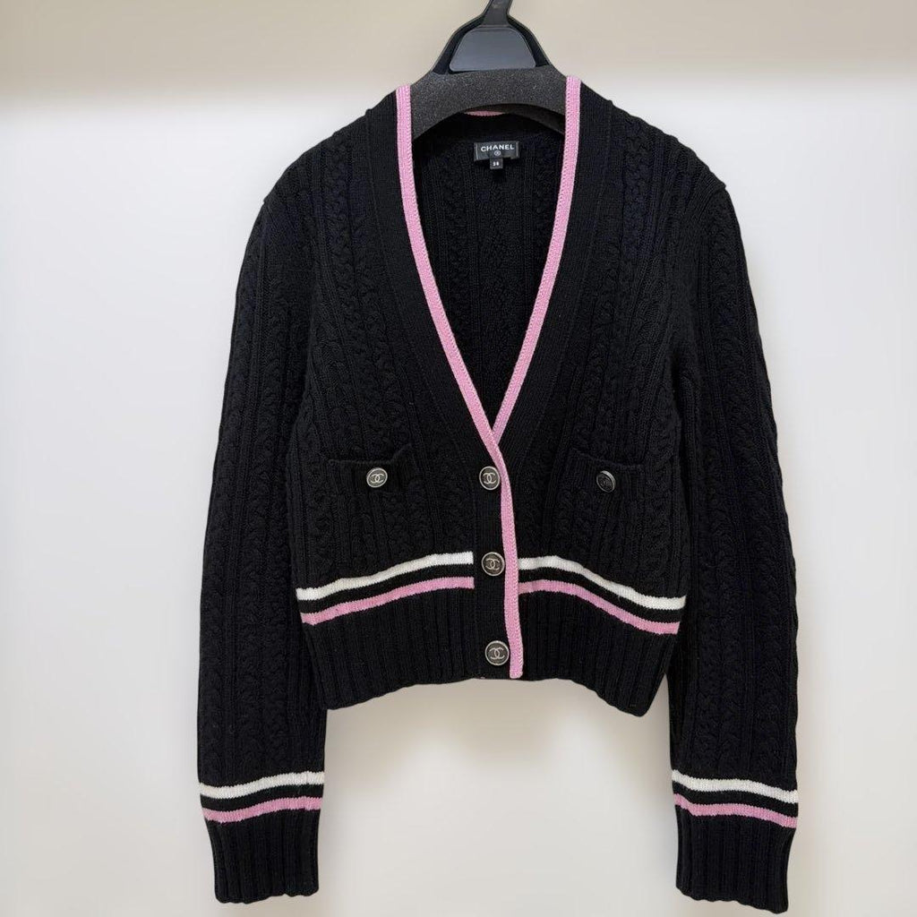 CHANEL CC Logo Cashmere Border Cardigan Black x Pink Size 38