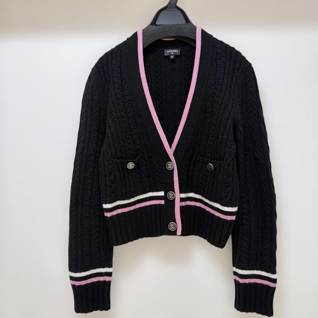 CHANEL CC Logo Cashmere Border Cardigan Black x Pink Size 38