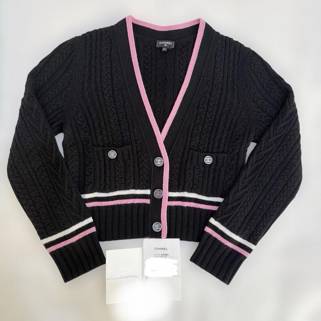 CHANEL CC Logo Cashmere Border Cardigan Black x Pink Size 38