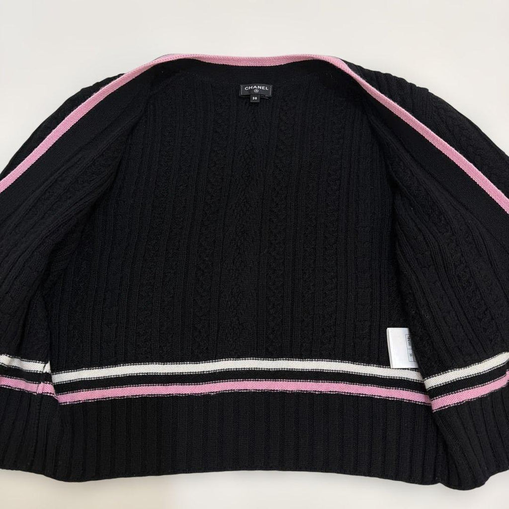 CHANEL CC Logo Cashmere Border Cardigan Black x Pink Size 38