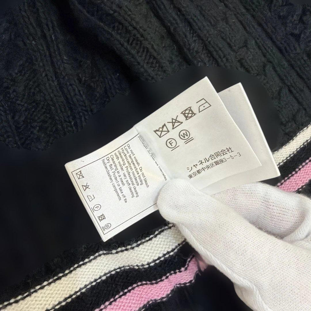 CHANEL CC Logo Cashmere Border Cardigan Black x Pink Size 38