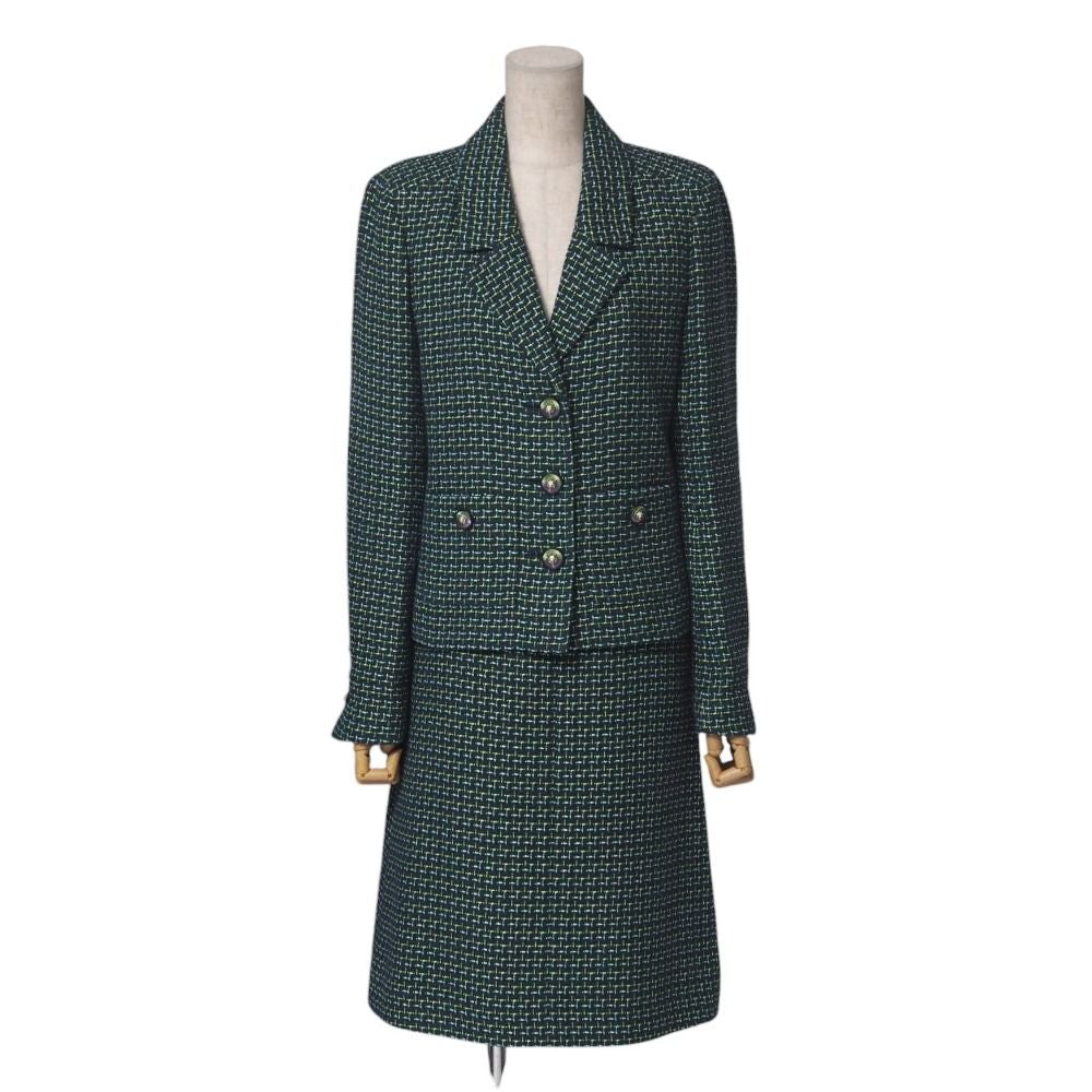 CHANEL Tweed Jacket & Knee-Length Skirt Suit Lion Button Green Size 36
