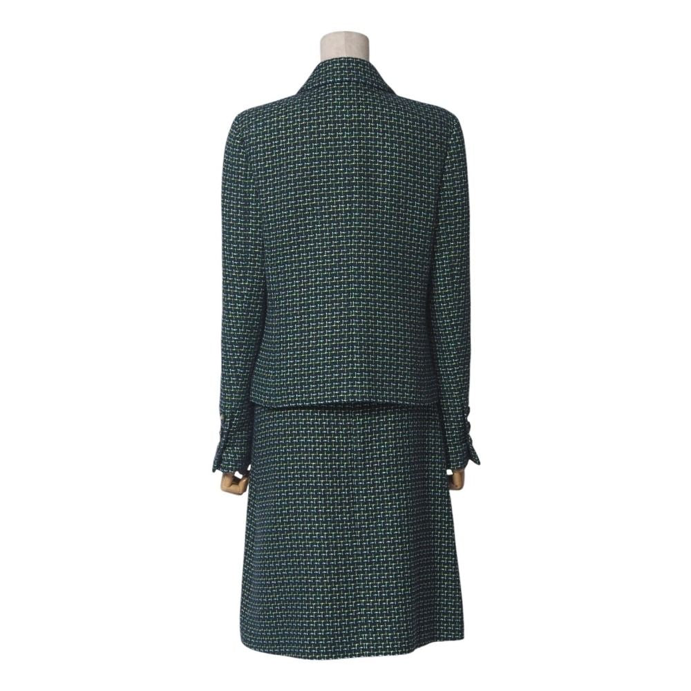 CHANEL Tweed Jacket & Knee-Length Skirt Suit Lion Button Green Size 36