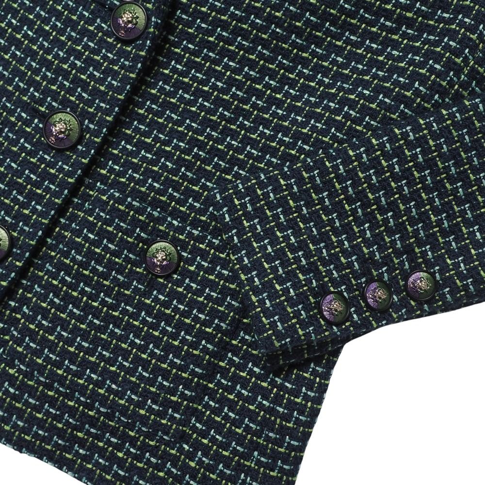 CHANEL Tweed Jacket & Knee-Length Skirt Suit Lion Button Green Size 36