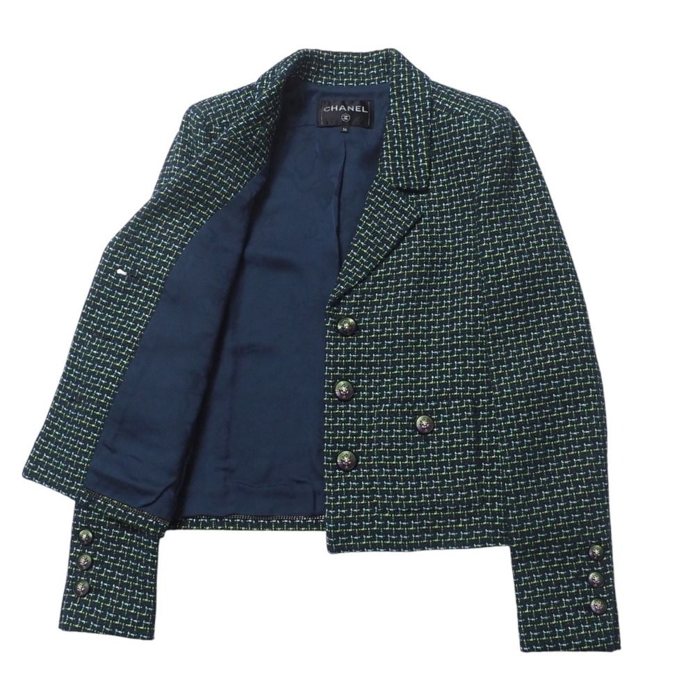 CHANEL Tweed Jacket & Knee-Length Skirt Suit Lion Button Green Size 36