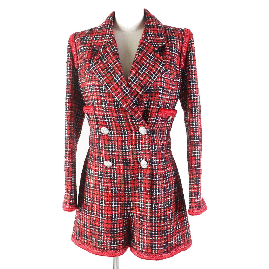 CHANEL 20S Runway Silk Tweed Jacket  Jumpsuit CC Button Red Black Size 34