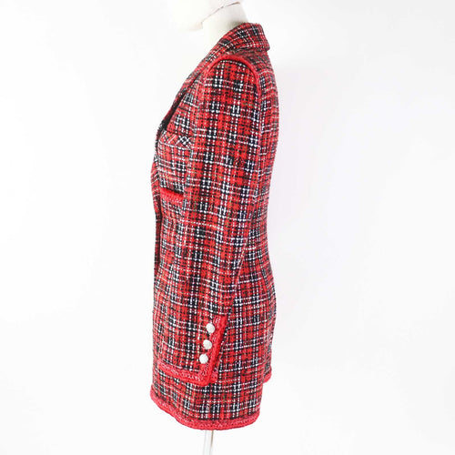 CHANEL 20S Runway Silk Tweed Jacket  Jumpsuit CC Button Red Black Size 34