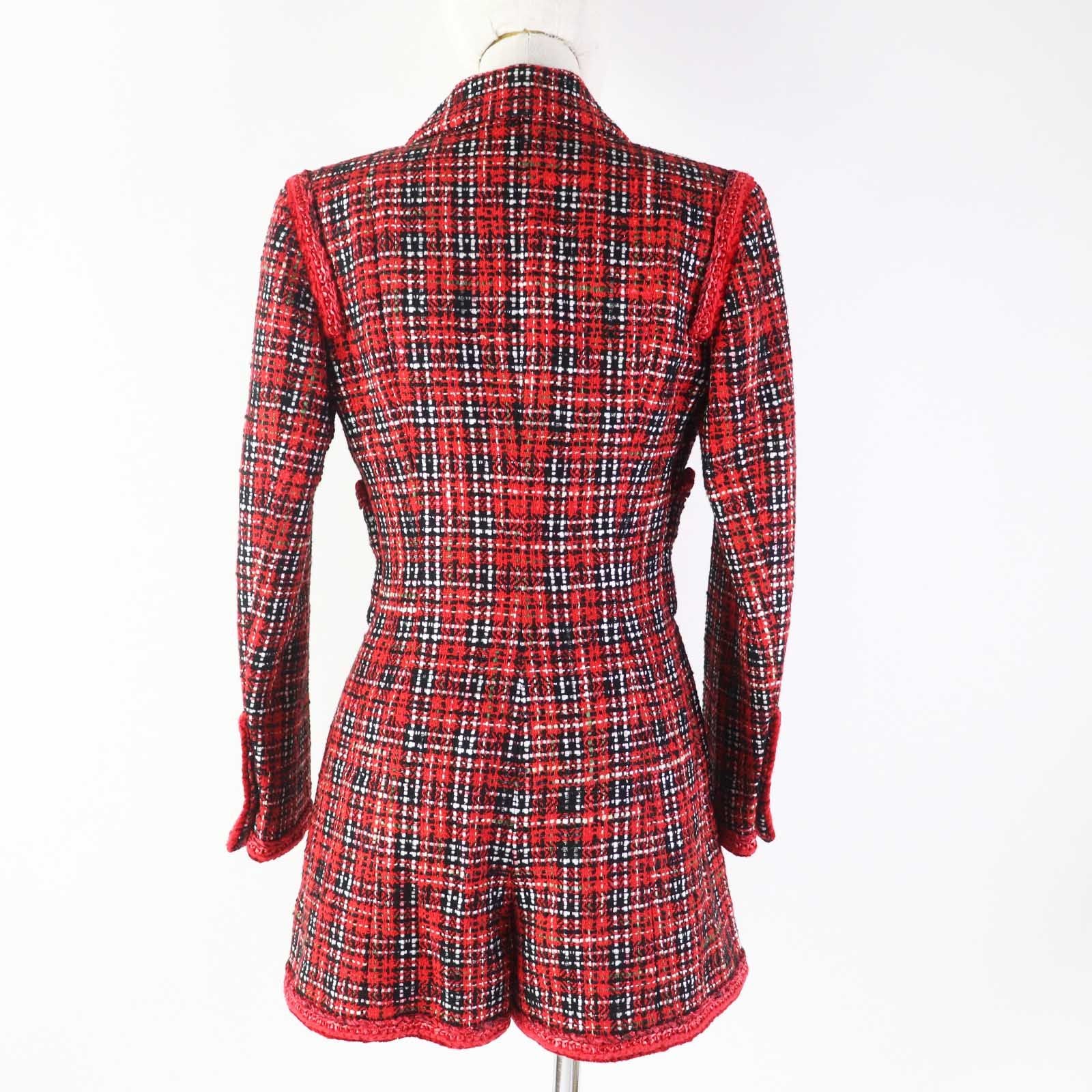 CHANEL 20S Runway Silk Tweed Jacket  Jumpsuit CC Button Red Black Size 34