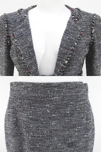 CHANEL Tweed Jacket & Knee-Length Tight Skirt Setup CC Logo Size 36