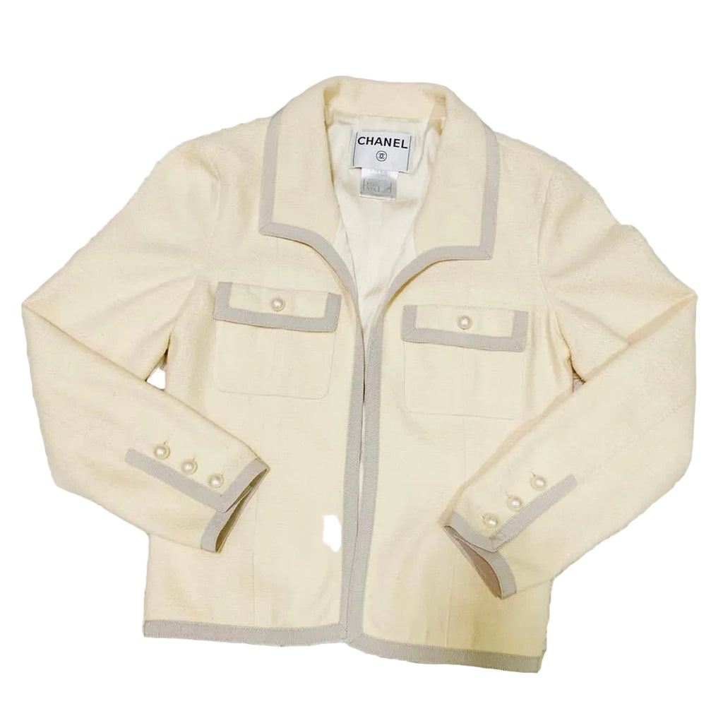 CHANEL Pearl Embellished Jacket White Size 36