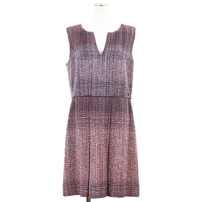 Chanel Tweed Dress Size 44 Multicolor V-Neck Sleeveless CC Logo Charm
