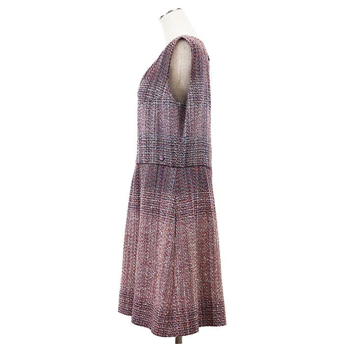 Chanel Tweed Dress Size 44 Multicolor V-Neck Sleeveless CC Logo Charm