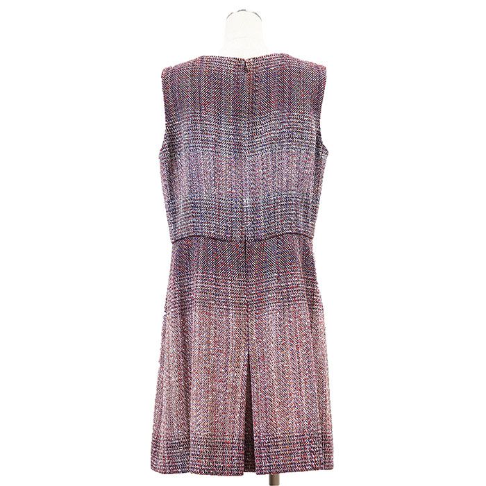 Chanel Tweed Dress Size 44 Multicolor V-Neck Sleeveless CC Logo Charm