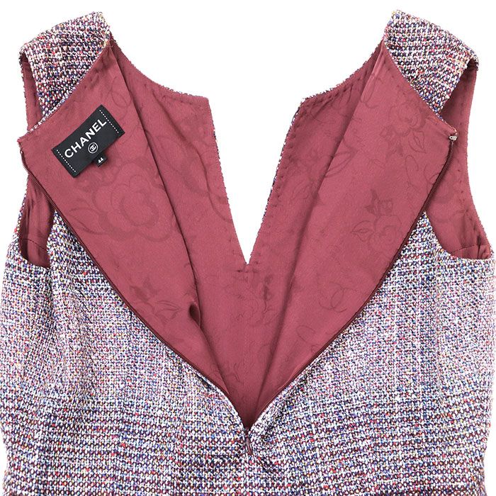Chanel Tweed Dress Size 44 Multicolor V-Neck Sleeveless CC Logo Charm