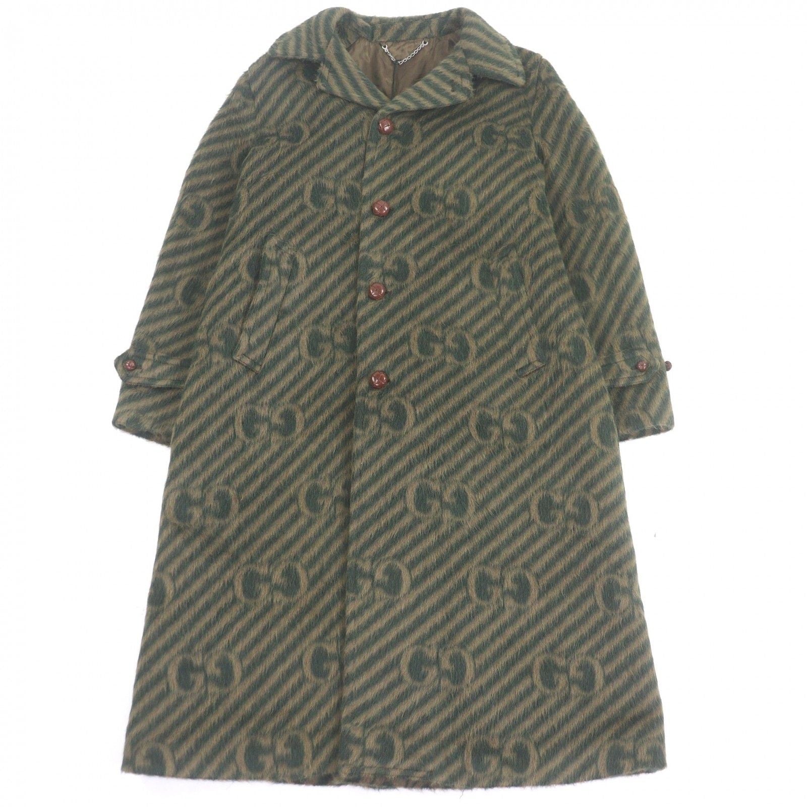 GUCCI GG Stripe Llama Wool Long Chester Coat Green Size 48 Made in Italy