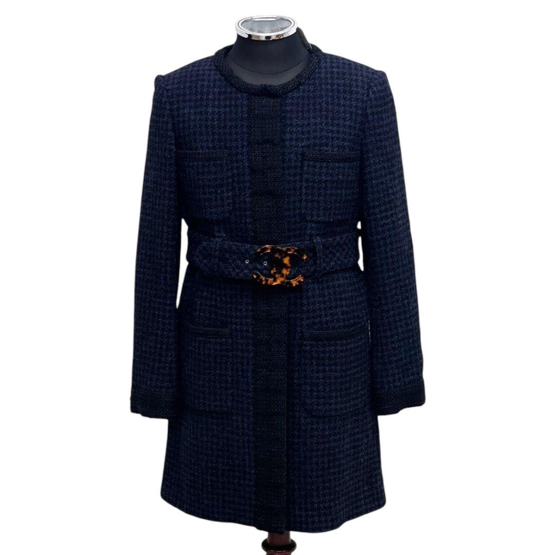 NWT CHANEL Big CC Logo Belt Houndstooth Tweed Collarless Coat Size 40