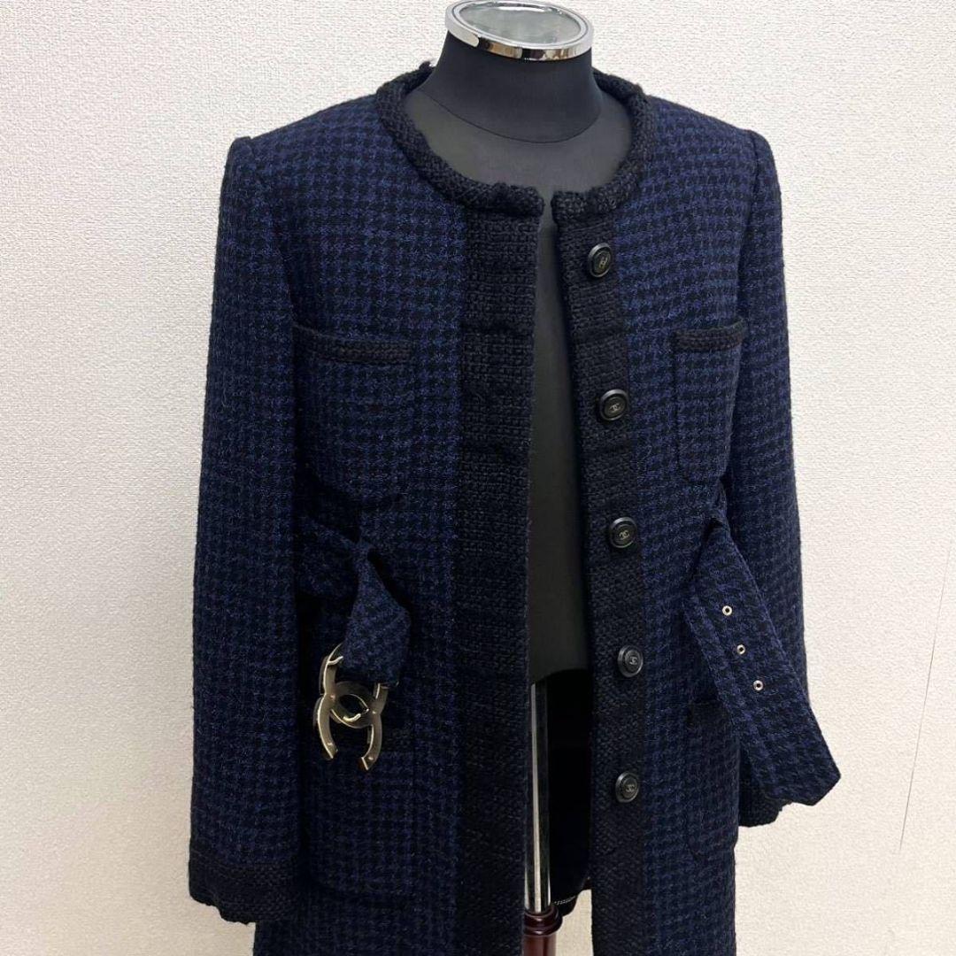 NWT CHANEL Big CC Logo Belt Houndstooth Tweed Collarless Coat Size 40