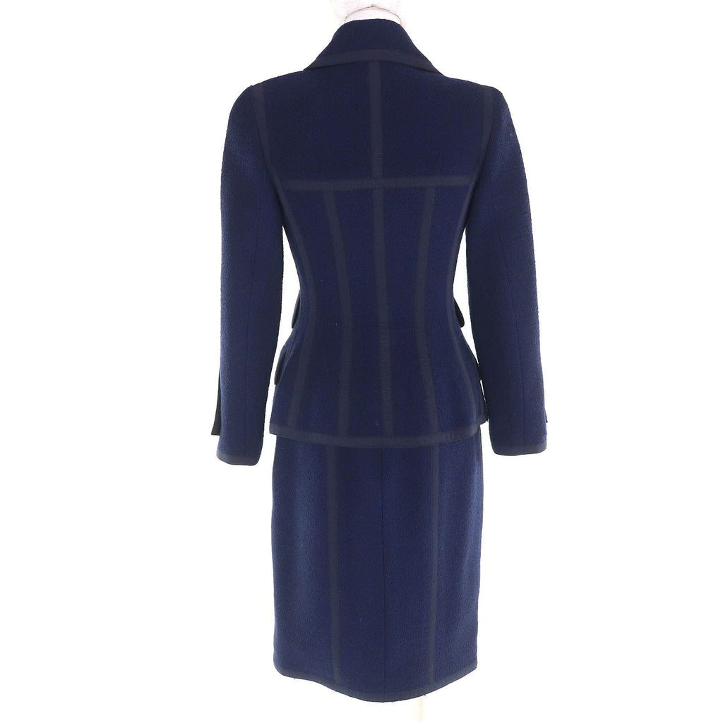 CHANEL Vintage 100% Wool Double-Breasted Jacket & Tight Skirt Suit Set Navy Size 34