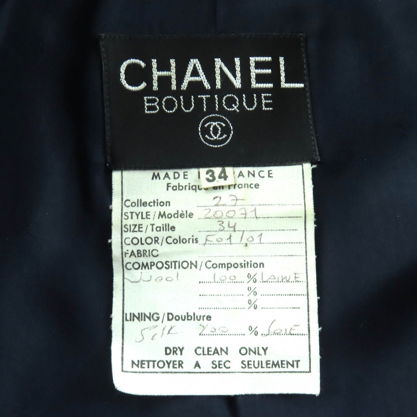 CHANEL Vintage 100% Wool Double-Breasted Jacket & Tight Skirt Suit Set Navy Size 34